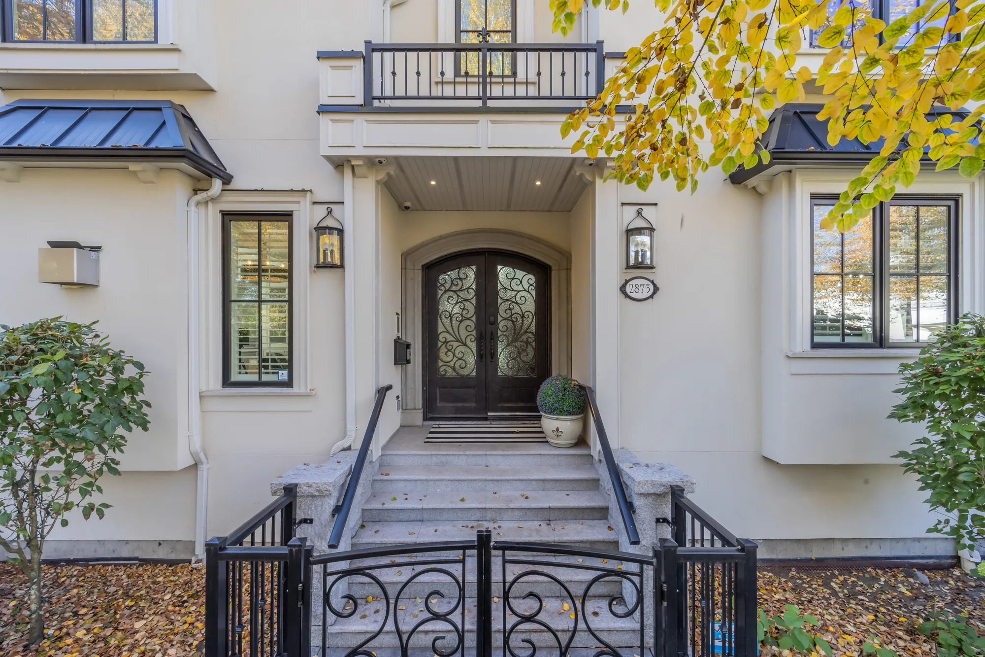 The front door: an arched pair of wood and iron doors under a covered porch, stone steps and an iron gate