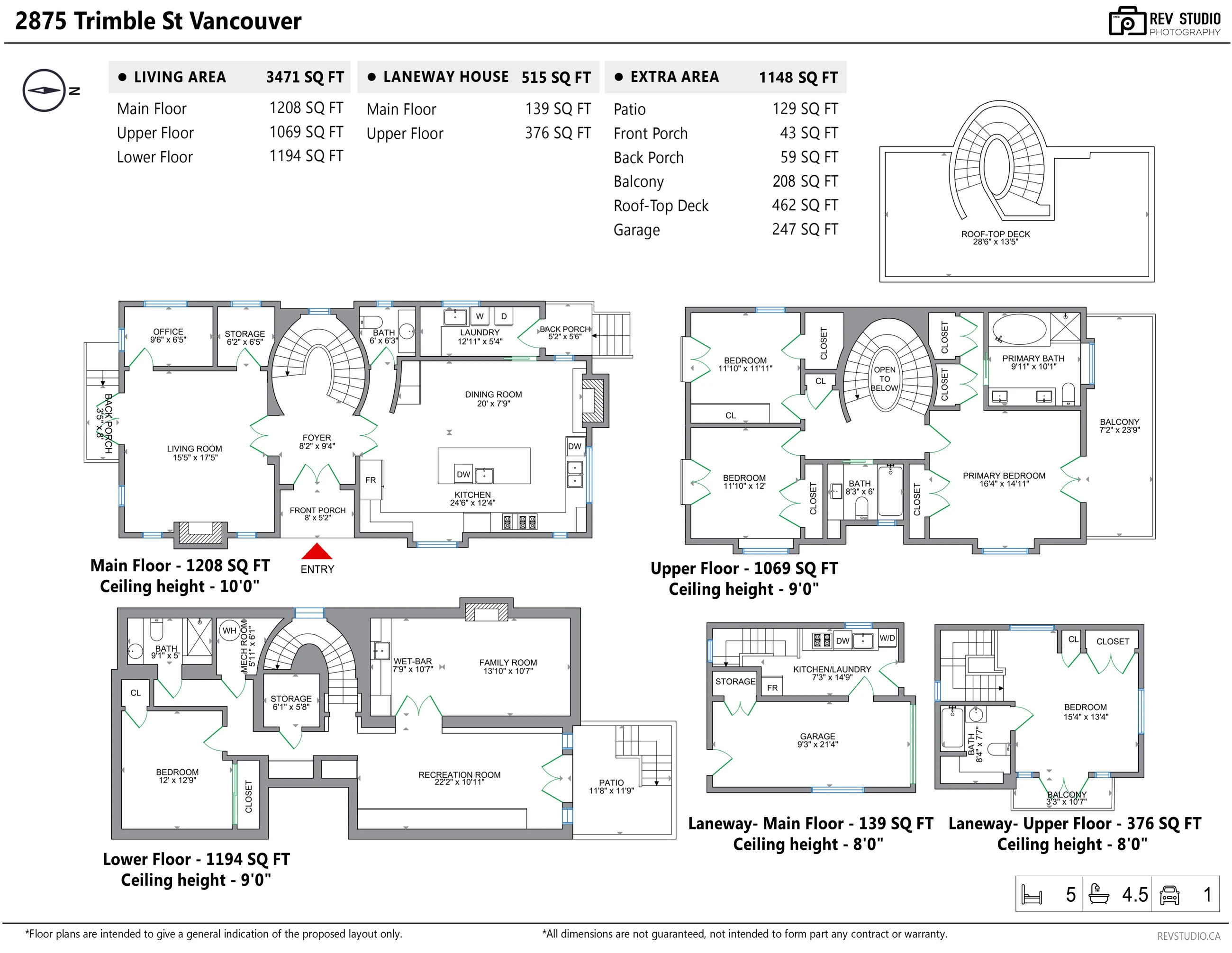 Floor plan of 2875 Trimble Street: the main, upper and lower floors of the house, the two floors of the laneway house with its garage, and the roof deck