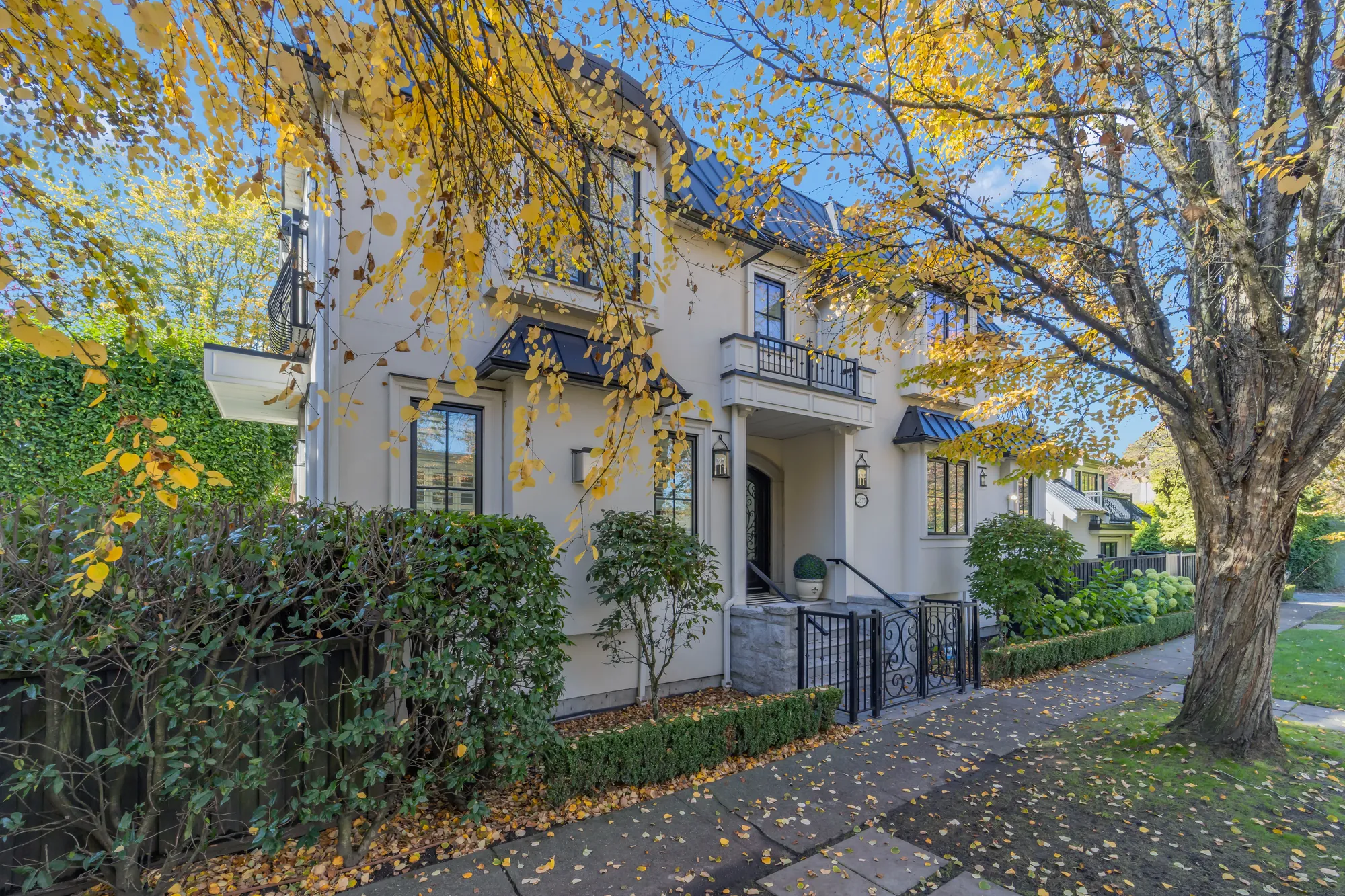 The side of the house along the street: cream stucco, black-framed windows, a hedge and a maple turning gold