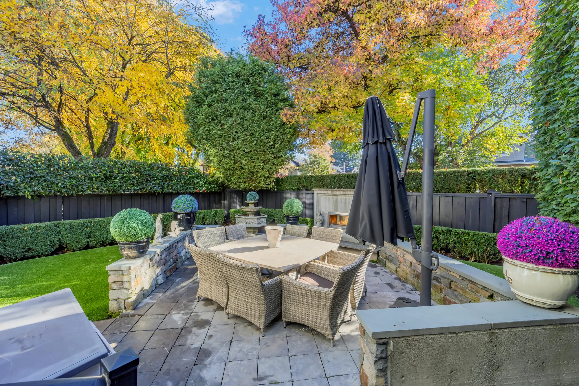 The patio toward the hedge: the dining table, a folded umbrella, potted chrysanthemums, the trees beyond the fence