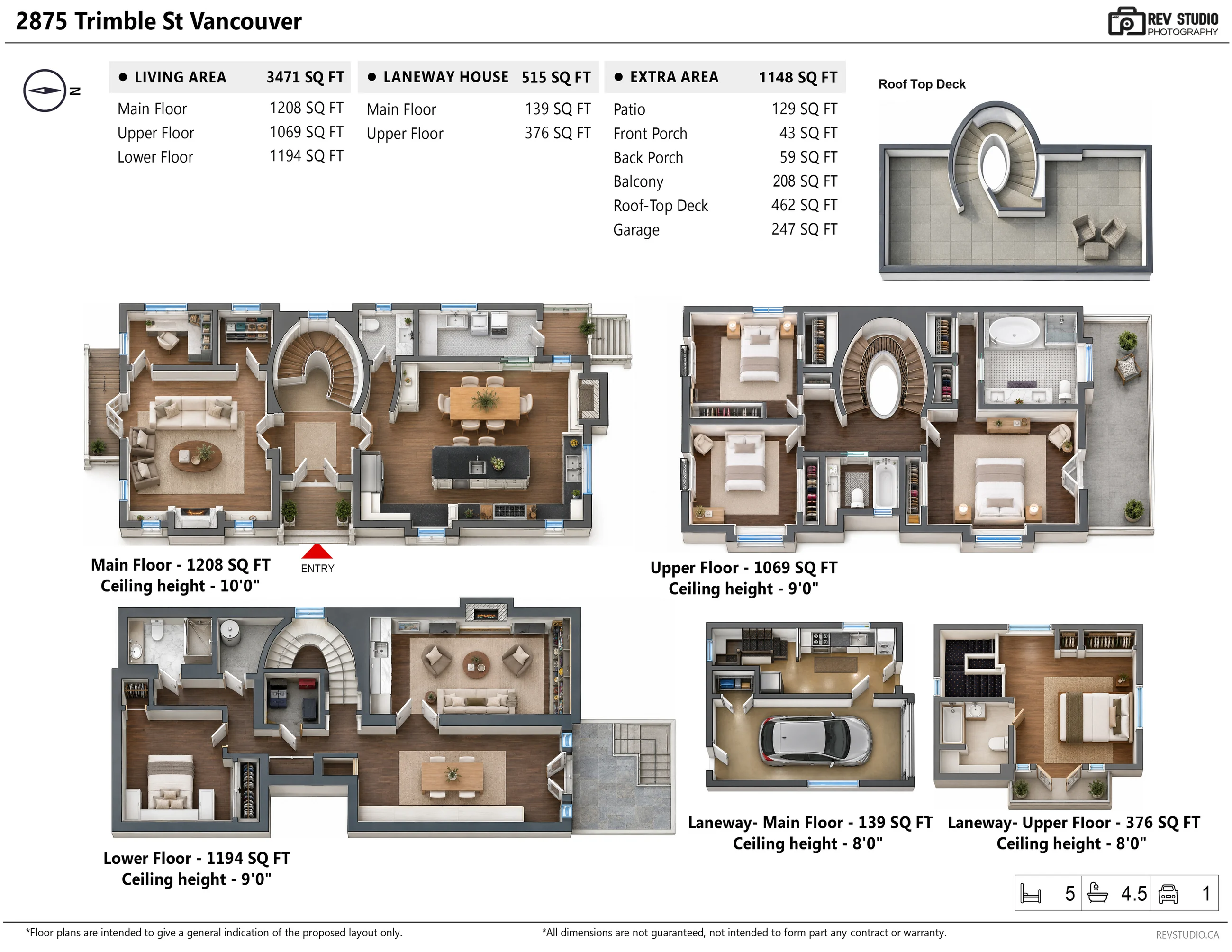 The floor plan drawn in 3D from above, every floor in the same place as on the drawing above, with furniture and a car drawn in